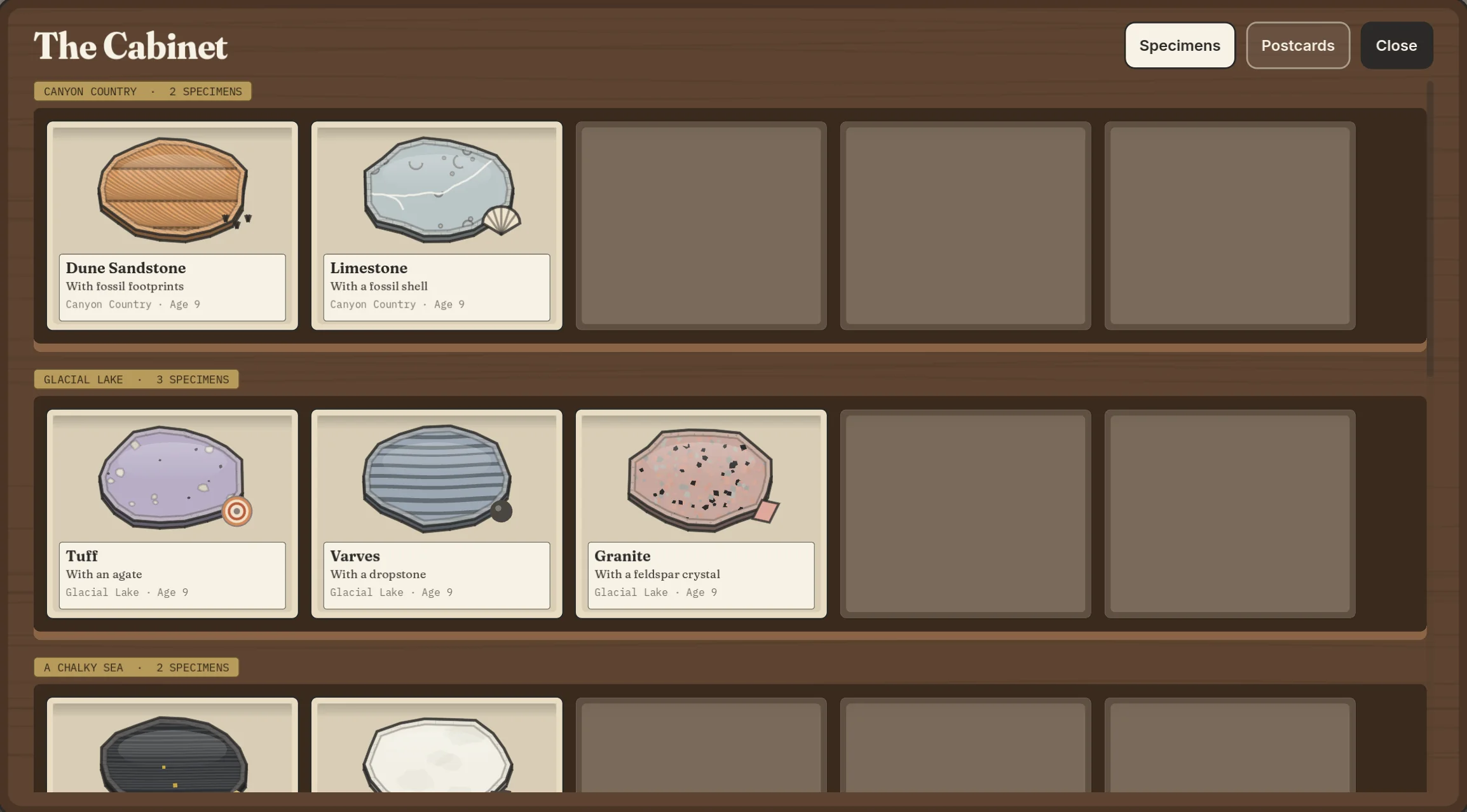 The cabinet: a shelf for each place, with polished specimens in trays, each labelled with its find, place and age.