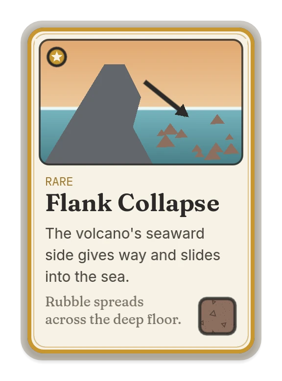 Flank Collapse: the volcano's seaward side gives way and slides into the sea. Rubble spreads across the deep floor.