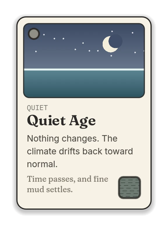 Quiet Age, a quiet card: nothing changes. The climate drifts back toward normal.