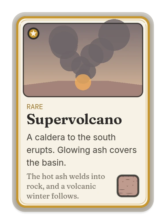 Supervolcano: a caldera to the south erupts. Glowing ash covers the basin. The hot ash welds into rock, and a volcanic winter follows.